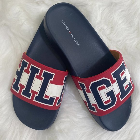 SOLD TOMMY HILFIGER "Hilfiger" Sandals Slides Red White Blue NWOT - Picture 7 of 9